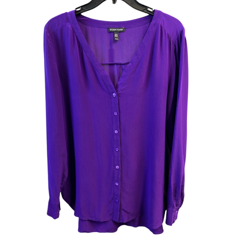 Eileen Fisher Blouse Women XS Purple Silk Georgette Crepe Shirt‎ Long Sleeves